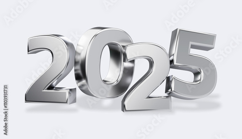2025 silver numbers. 3D rendering. Happy new year banner design. New Year symbol.