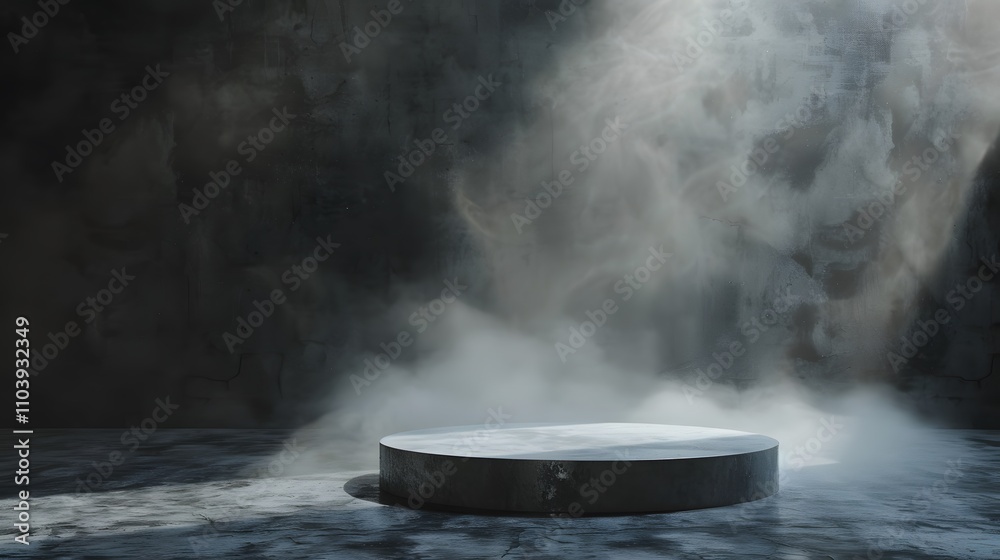 Dark Room Concrete Platform With Foggy Atmosphere