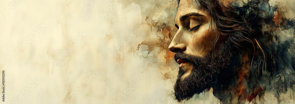 Abstract watercolor painting of Jesus depicted in neutral tones, featuring large expressive brush strokes and rich texture on a canvas background. The minimalist style emphasizes spirituality and arti Abstract watercolor painting of Jesus depicted in neutral tones, featuring large expressive brush strokes and rich texture on a canvas background. The minimalist style emphasizes spirituality and arti