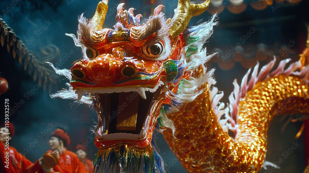 Obraz premium Chinese New Year Celebration: Welcoming the Lunar New Year with Dragon Dances, Red Envelopes, Lanterns, and Traditional Chinese Customs for Prosperity and Good Luck.