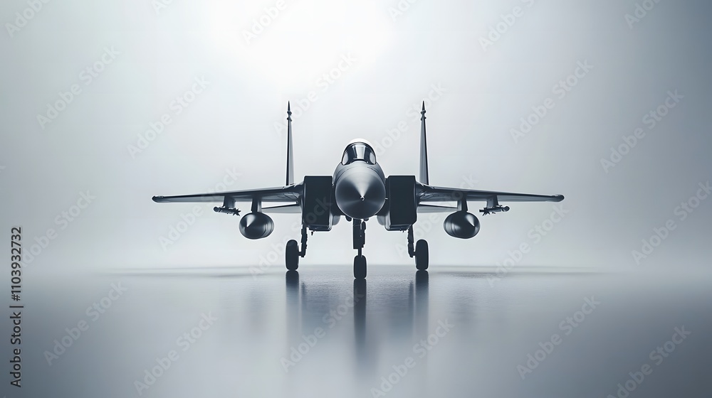 Fototapeta premium Futuristic Military Jet Front View in a Minimalistic Setting with Soft Lighting and Reflective Surface Enhancing the Aerodynamic Design and Technology Aspects
