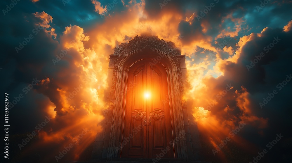 Fototapeta premium Illuminated doorway standing tall against a backdrop of dark swirling clouds,暗い渦巻く雲を背景にそびえ立つ照らされた扉,Generative AI