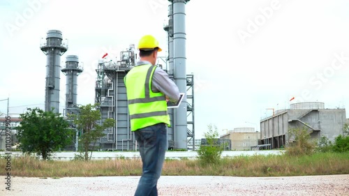 worker in factory with outdoor on  Co-generator power plant