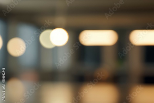 Blurred office lights. Soft focus image of warm interior lighting evoking calmness and serenity. Perfect for corporate or relaxing themes.