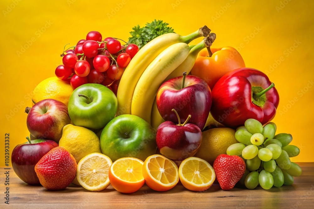 Vibrant Mix of Fresh Fruits and Vegetables Including Red Apples, Green Grapes, Yellow Bananas, and Orange Slices Isolated on Bright Yellow Background for Healthy Eating Concept Vibrant Mix of Fresh Fruits and Vegetables Including Red Apples, Green Grapes, Yellow Bananas, and Orange Slices Isolated on Bright Yellow Background for Healthy Eating Concept
