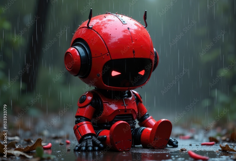 Red robot sitting in rainy forest: cute sci-fi scene Red robot sitting in rainy forest: cute sci-fi scene