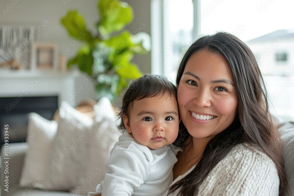 Latina female young-adult holding child in cozy living room with natural light Latina female young-adult holding child in cozy living room with natural light
