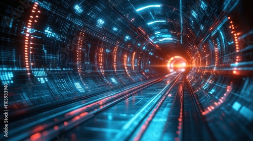 Futuristic Digital Tunnel with Glowing Lights and Data Flowing in Motion