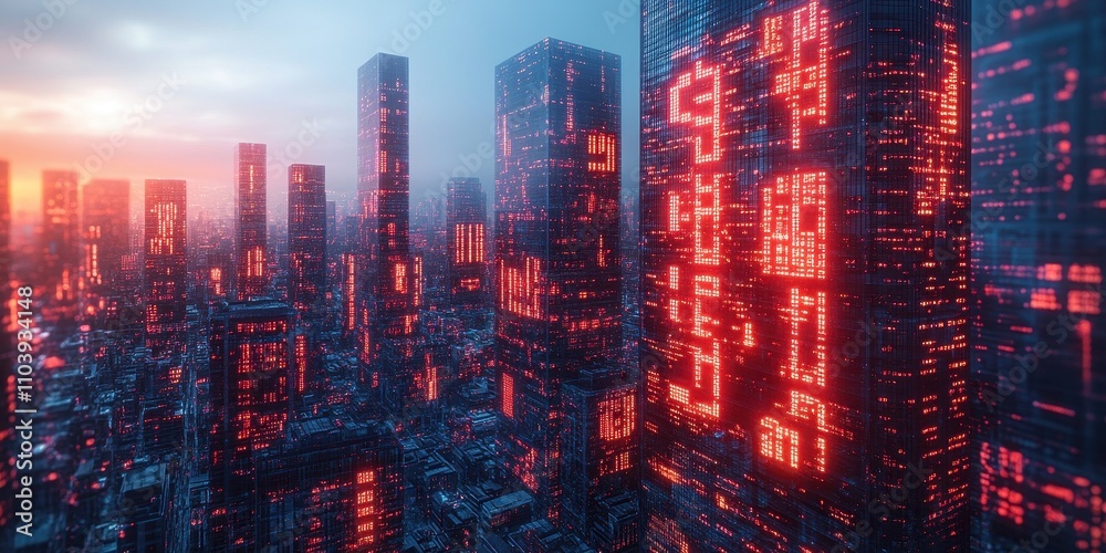 Futuristic Cityscape at Dusk with Neon Lights and Tall Buildings Glowing Red Futuristic Cityscape at Dusk with Neon Lights and Tall Buildings Glowing Red