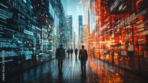 Wallpaper Mural mergers and acqusitions showing modern office buildings, data and ai Torontodigital.ca