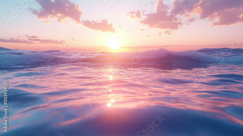 stunning sunset over ocean creates serene atmosphere with vibrant colors reflecting on water surface. waves gently lap against each other, enhancing tranquil scene