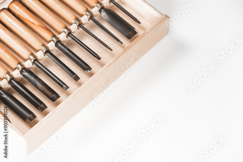 Set of stameses for cutting through wood. Carpentry concept.