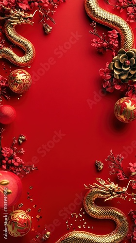Wallpaper Mural A Festive Scene Celebrating the Chinese Lunar New Year 2025, Featuring a Golden Snake Against a Vibrant Red Background with Traditional Symbols. This Design Element is Perfect for Decorating and Celeb Torontodigital.ca