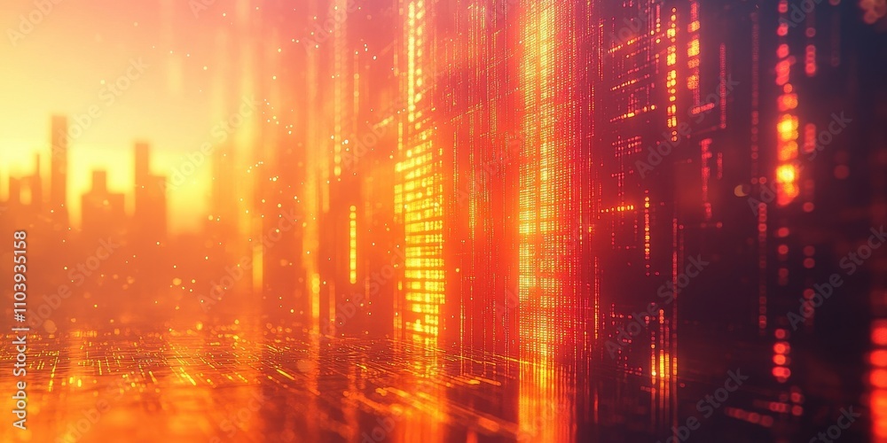 Futuristic Cityscape at Sunset with Glowing Lights and Digital Elements Futuristic Cityscape at Sunset with Glowing Lights and Digital Elements