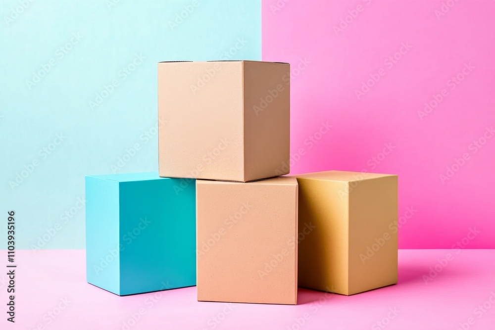 Colorful stacked boxes in pastel shades create a vibrant, modern aesthetic against a split pink and blue background. Colorful stacked boxes in pastel shades create a vibrant, modern aesthetic against a split pink and blue background.