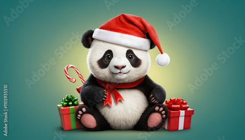A panda bear wearing a red and white Santa hat and scarf