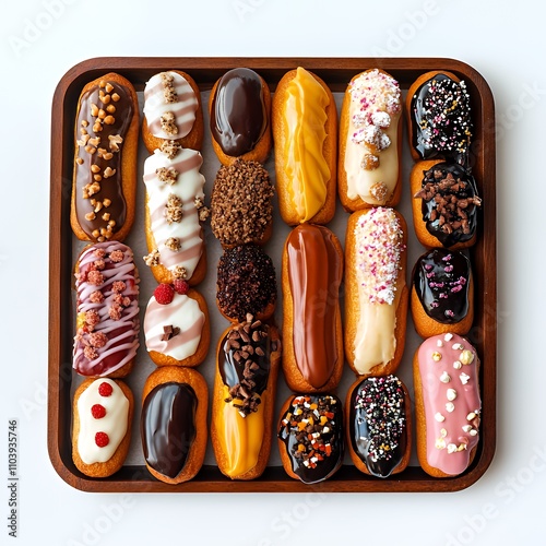 A colorful assortment of decorated eclairs arranged on a wooden tray.