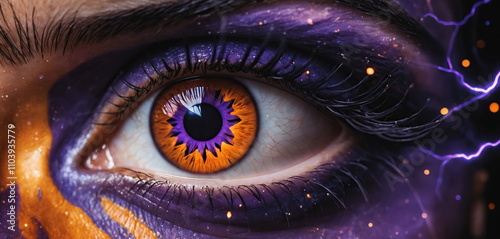 Hyper-detailed close-up purpe eye with the iris and pupil transformed into an abstract galaxy with a high-contrast purple and orange theme. 