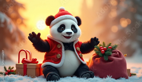 A panda bear wearing a red and white Santa hat and scarf