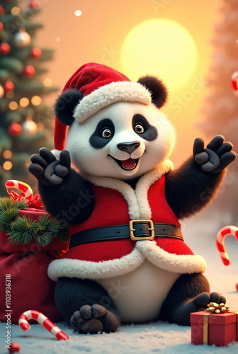 A panda bear wearing a red and white Santa hat and scarf
