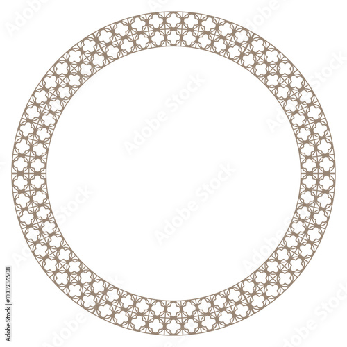 Round gold decorative luxury frame, seamless arabic, andalusian, oriental, authentic arabian style. Gold andalusian, islamic, geometric style with seamless frame. Gold design plate, ceramic, printing