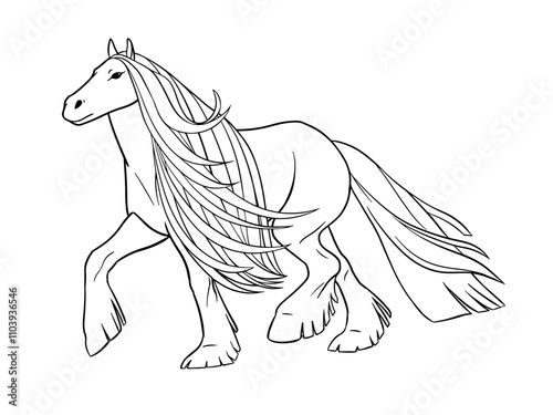 Vector illustration of Gypsy Vanner horse. Black outline on white background for coloring book.