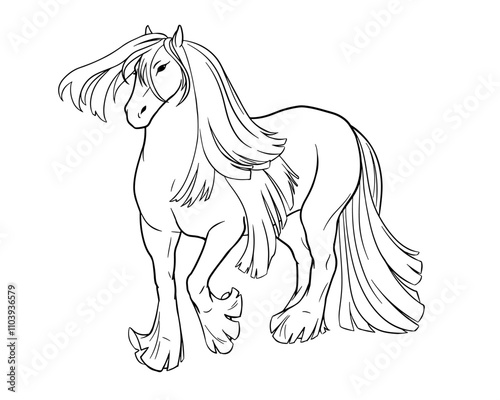 Vector illustration of Gypsy Vanner horse. Black outline on white background for coloring book.