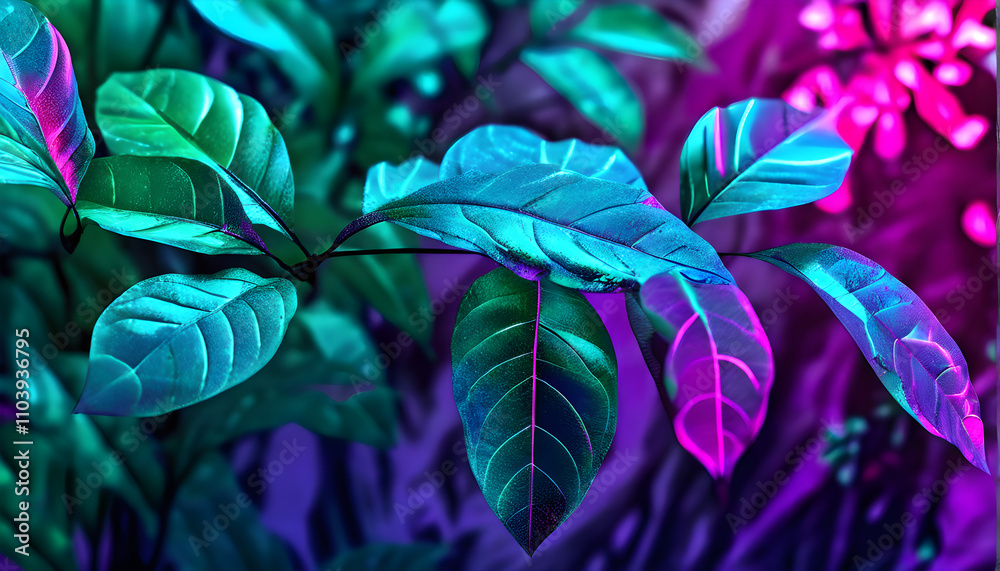 Obraz premium Gradient featuring vivid greens and magentas with futuristic leaf patterns.
