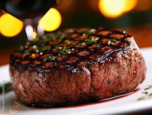 Sizzling grilled steak delight gourmet restaurant food photography elegant dining close-up view culinary artistry for food lovers photo