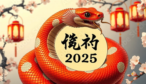 Traditional Oriental snake and calligraphy 