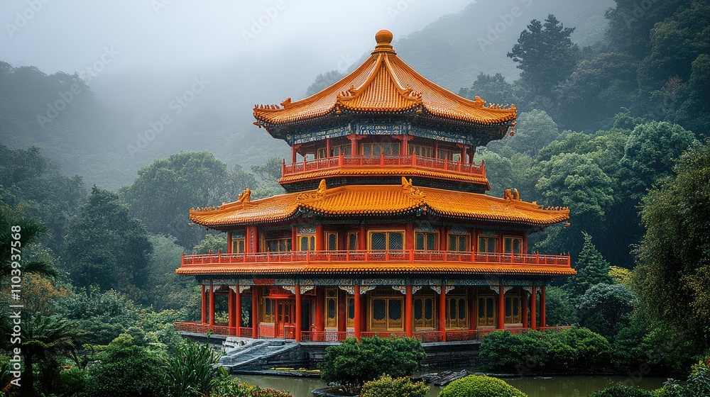 A serene pagoda surrounded by lush greenery and mist, symbolizing tranquility and culture.