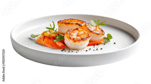 Grilled scallops with roasted red peppers and microgreens on white plate