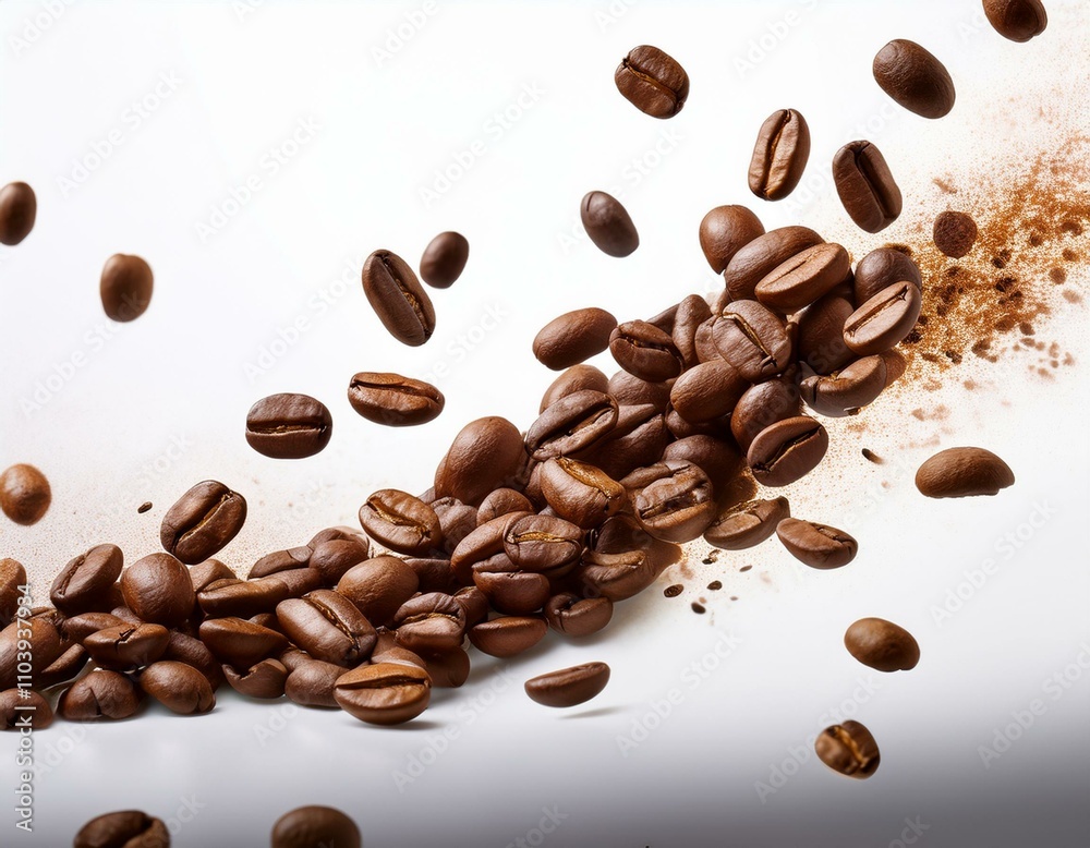 Obraz premium Flying roasted coffee beans against a clean white background, showcasing rich textures and perfect for coffee branding or creative visuals