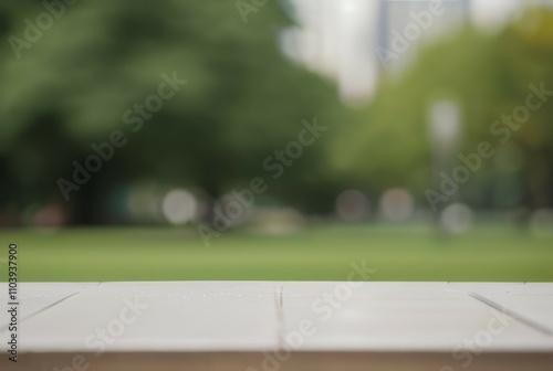 Park tabletop background. Peaceful park scene; serene nature backdrop. Perfect for product displays or tranquil themes. photo