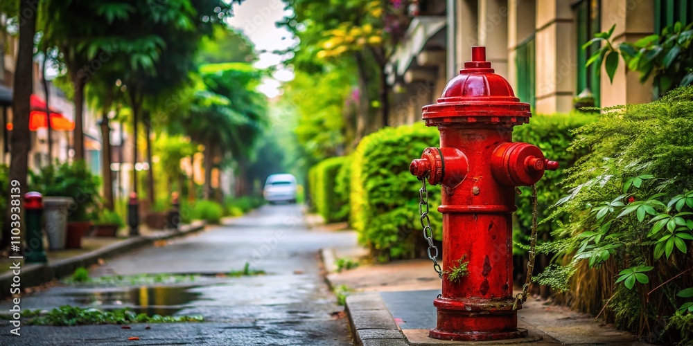 Vibrant Red Fire Hydrant in Thailand Surrounded by Lush Vegetation and Urban Elements, Captured with High Depth of Field for a Stunning Visual Experience Vibrant Red Fire Hydrant in Thailand Surrounded by Lush Vegetation and Urban Elements, Captured with High Depth of Field for a Stunning Visual Experience
