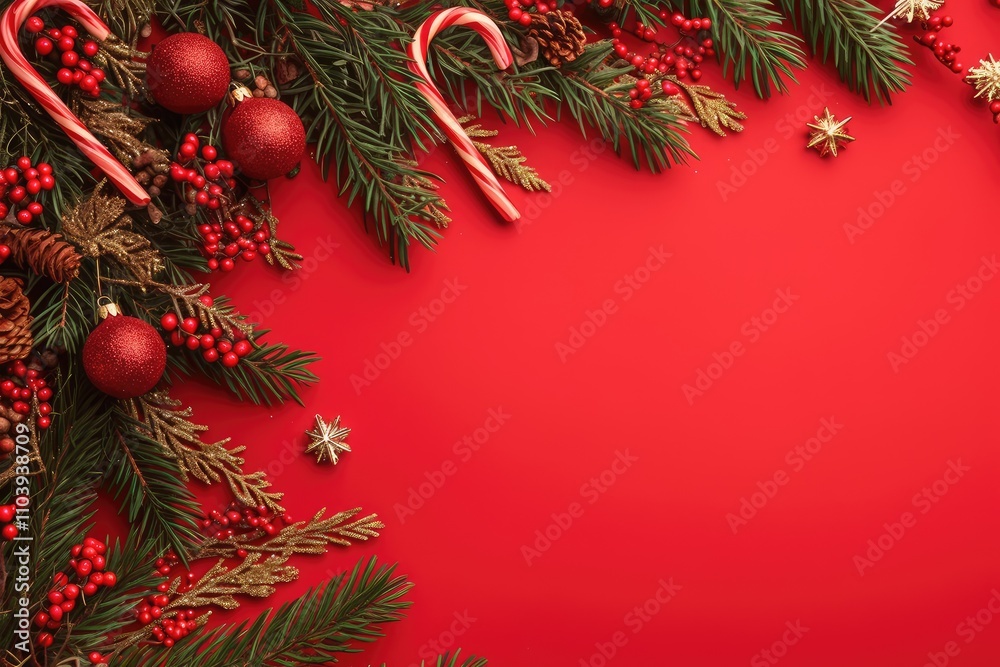 A Christmas background with a rich red color, evergreen branches, and candy canes arranged on the left side of the frame, perfect for Christmas greeting cards, holiday banners, seasonal invitations A Christmas background with a rich red color, evergreen branches, and candy canes arranged on the left side of the frame, perfect for Christmas greeting cards, holiday banners, seasonal invitations