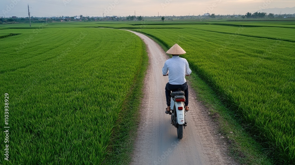 Obraz premium A person is riding a motorcycle on a dirt road surrounded by expansive, vibrant rice fields under a colorful sky at sunset. The serene atmosphere enhances the rural scenery