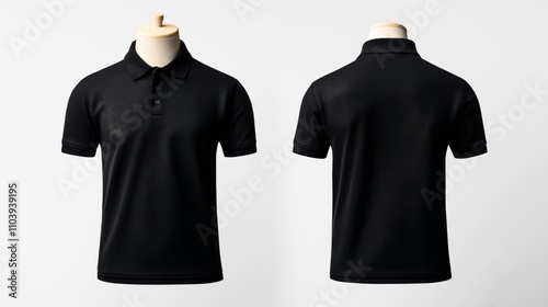 Front and back view of a plain black polo shirt displayed on a mannequin against a white background, showcasing the simple design and short sleeves. photo