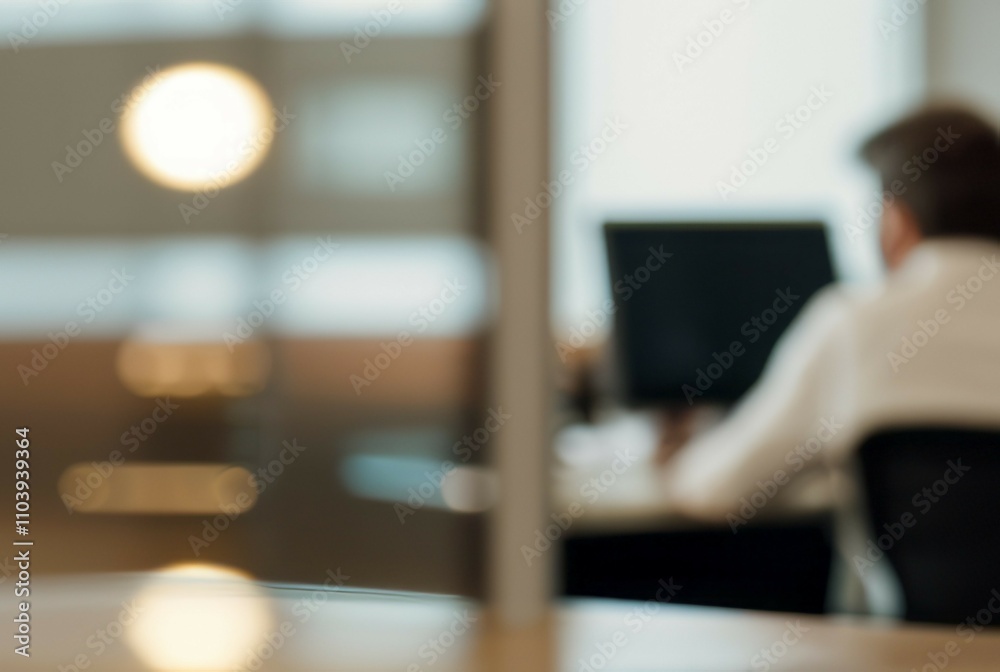 Blurred office worker. Abstract image of a person working at a computer, conveying privacy and focus. Represents concentration and modern work life. Blurred office worker. Abstract image of a person working at a computer, conveying privacy and focus. Represents concentration and modern work life.