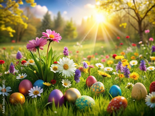 Vibrant Spring Flowers Surrounding Colorful Easter Eggs Nestled in a Lush Green Meadow, Celebrating the Joy of the Season with Nature's Beauty and Festive Spirit