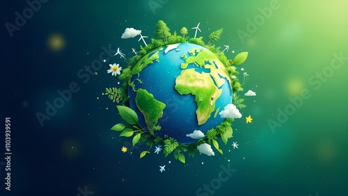 Wallpaper Mural conceptual illustration of ecofriendly sustainable world with green planet earth renewable energy symbols and nature elements surrounding globe depicting environmental conservation efforts Torontodigital.ca