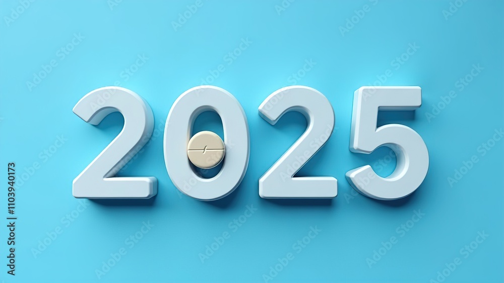 The white numbers 2025 with a tablet are depicted on a blue background. A banner for celebrating the New Year in medicine. A postcard dedicated to the upcoming Christmas holiday. The white numbers 2025 with a tablet are depicted on a blue background. A banner for celebrating the New Year in medicine. A postcard dedicated to the upcoming Christmas holiday.