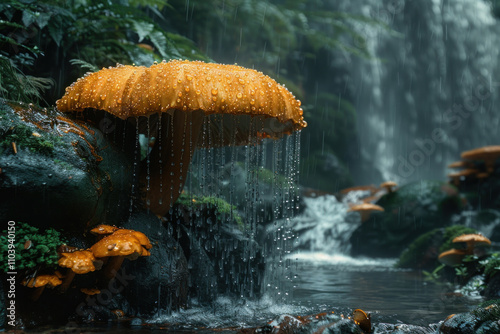 a large mushroom with a bright orange cap standing on a rocky surface in the forest.   photo