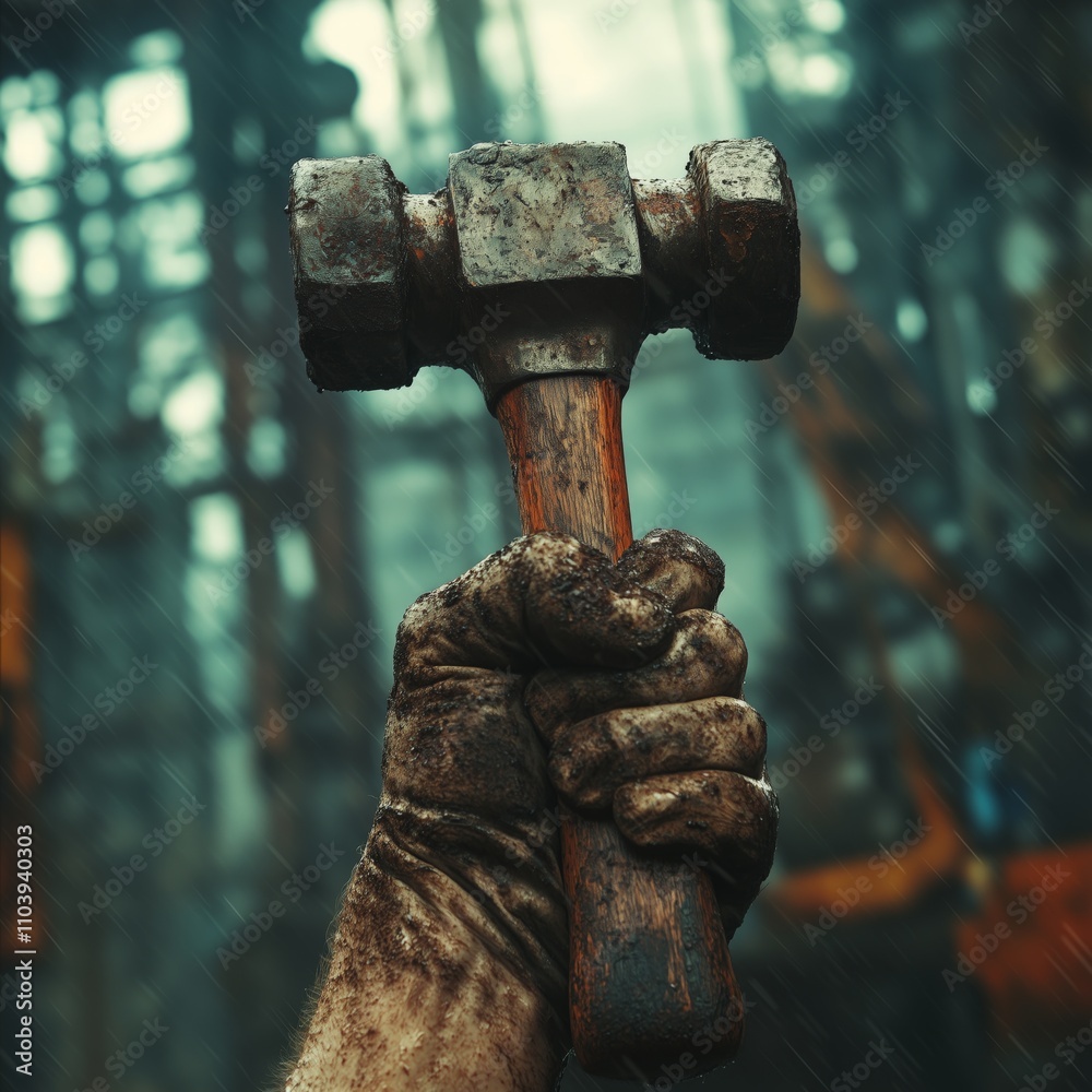 A powerful image of a raised hammer held by a strong hand in an industrial setting with smoke and fire, symbolizing labor, resistance, and industrial struggle. A powerful image of a raised hammer held by a strong hand in an industrial setting with smoke and fire, symbolizing labor, resistance, and industrial struggle.