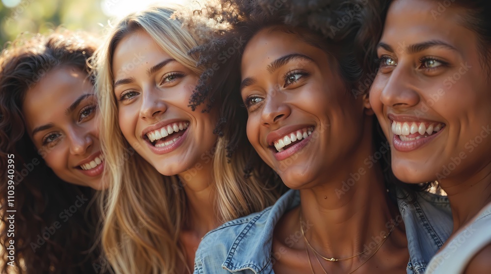 Fototapeta premium A close portrait of young friends of different ethnicities enjoying together.