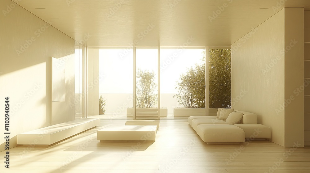 A modern, minimalist living room bathed in natural light with plants and a serene atmosphere. A modern, minimalist living room bathed in natural light with plants and a serene atmosphere.