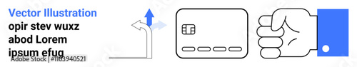 Credit card near fist bump symbol and upward arrow. Placeholder text to the left. Ideal for digital payments, financial growth, collaboration, online transactions, teamwork, motivation, success
