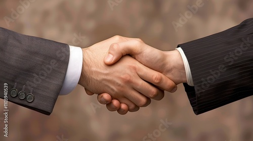 Two professionals engaging in a firm handshake during a business meeting in an elegant setting