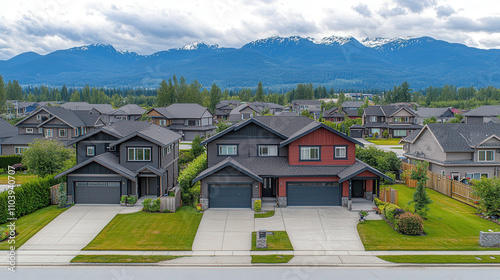 Wallpaper Mural Modern houses in suburban neighborhood with mountains in background. scene showcases well maintained lawns and peaceful atmosphere, ideal for family living Torontodigital.ca