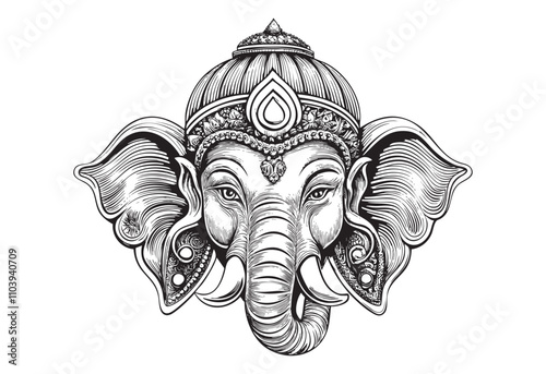 Lord Ganesha head sketch hand dawn drawing vector illustration